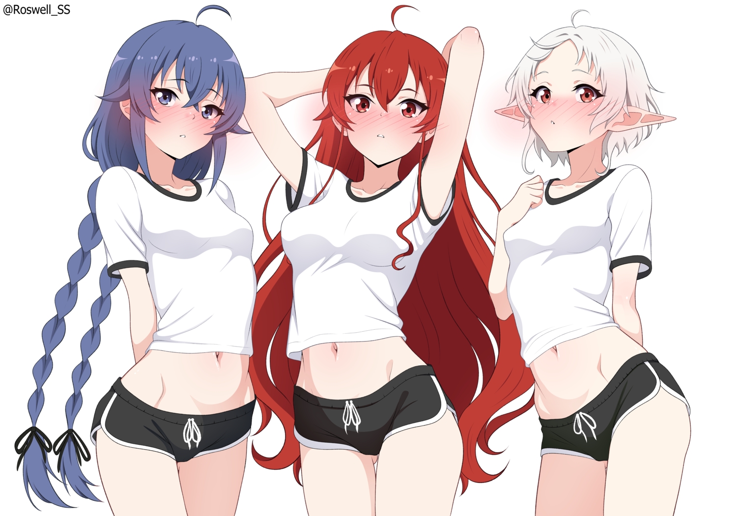 blue_eyes, blue_hair, blush, brown_eyes, cameltoe, eris_greyrat, gray_hair, gym_uniform