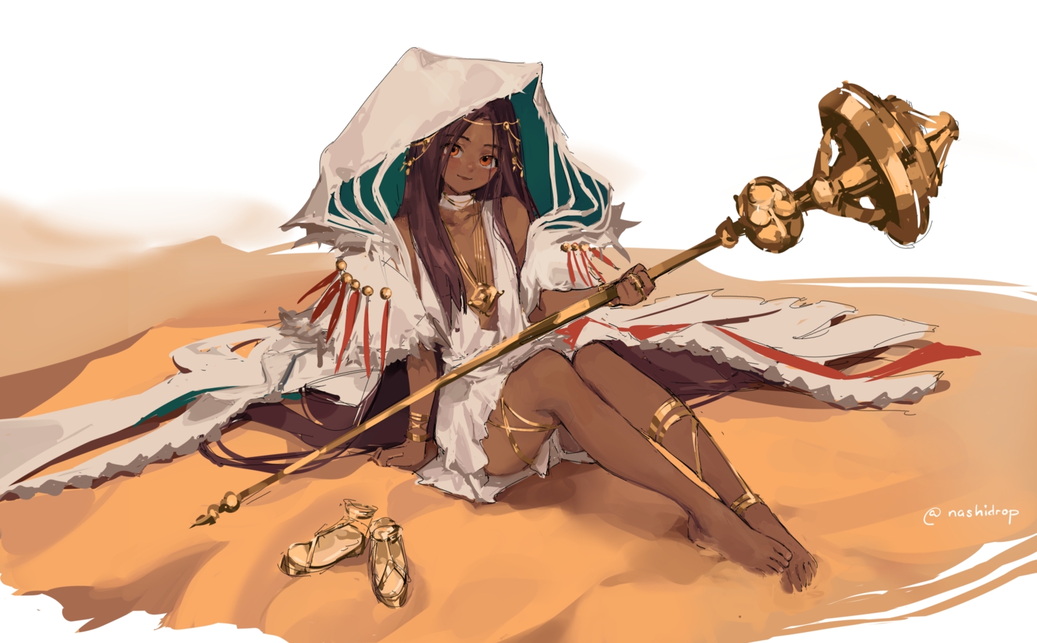 barefoot, brown_hair, cape, dark_skin, demi_(nashidrop), dress, flat_chest, garter, headdress, long_hair, nashidrop, necklace, no_bra, orange_eyes, original, signed, sketch, staff, wristwear