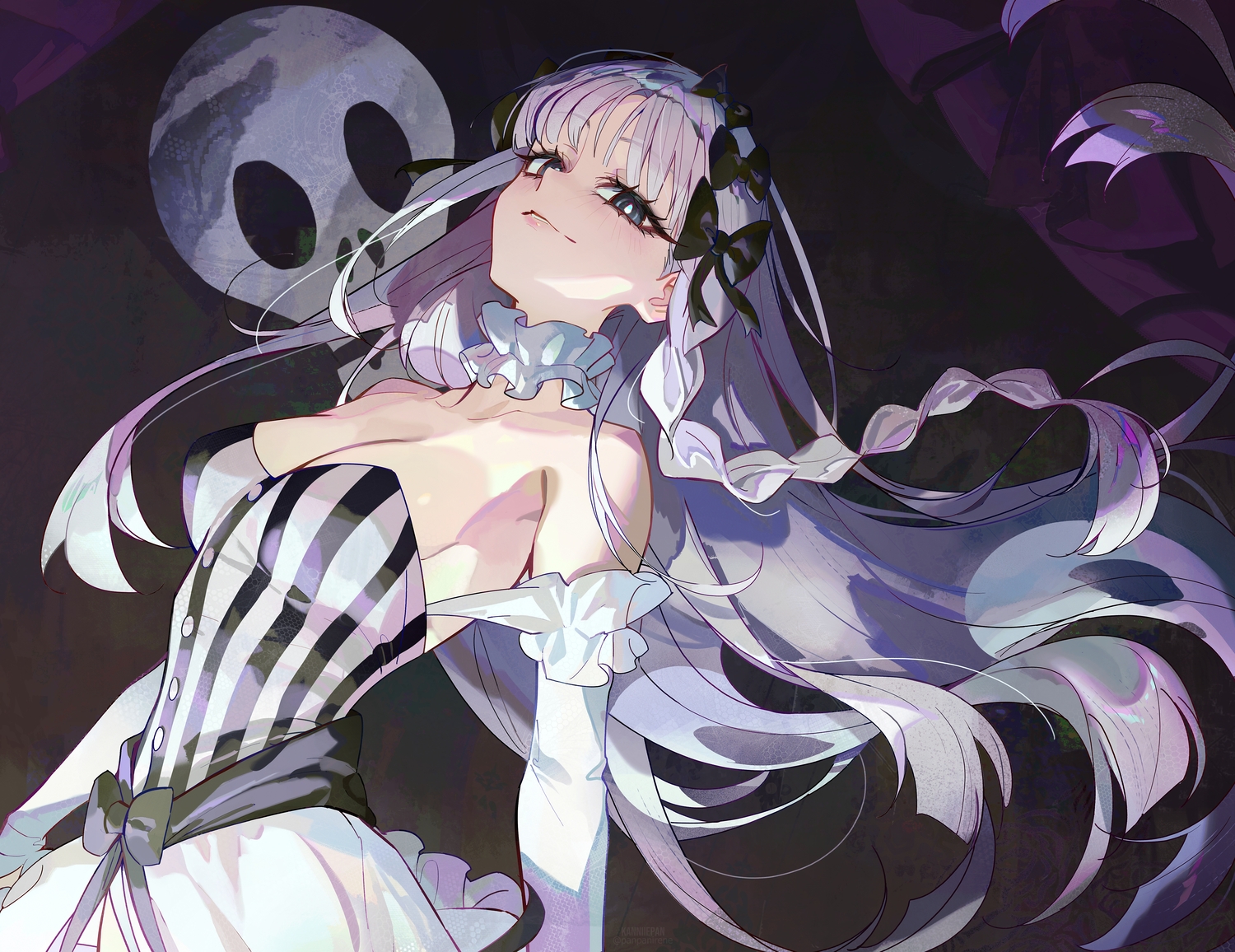 black_eyes, blush, bow, braids, breasts, choker, cleavage, dress
