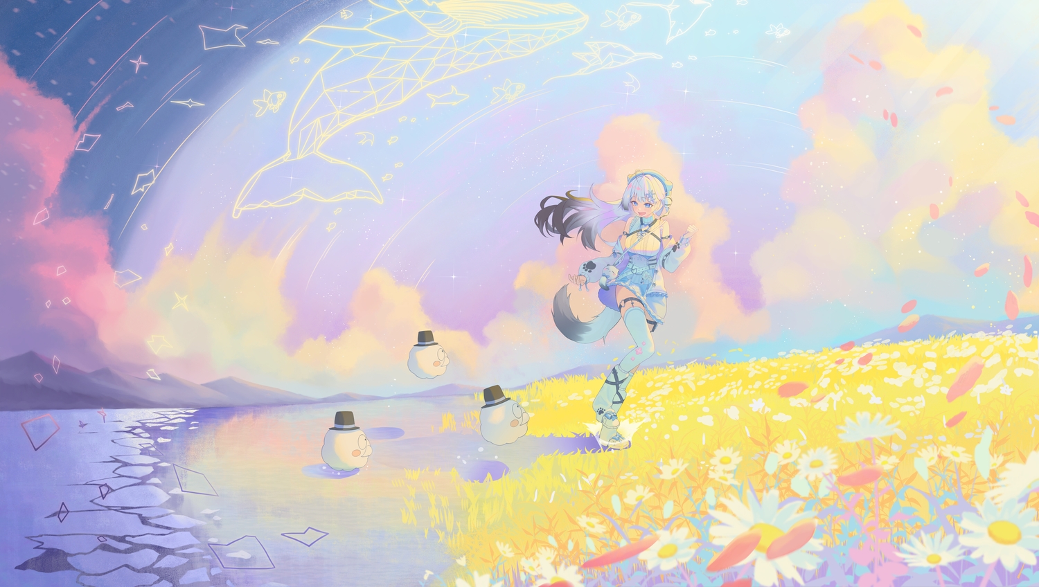 animal_ears, blue_eyes, blush, clouds, dress, flowers, garter, grass