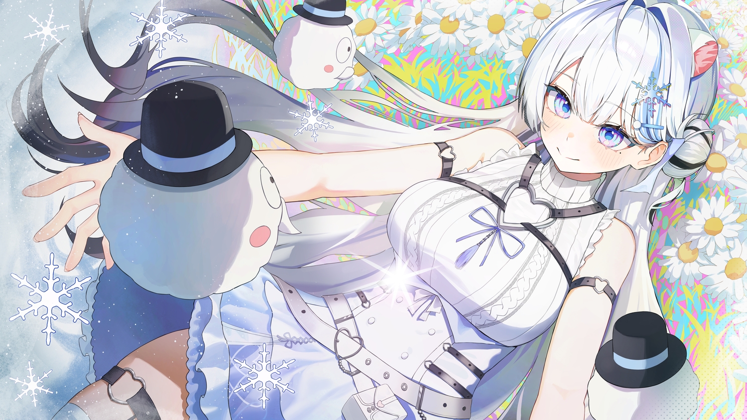 animal_ears, blush, bow, dress, flowers, grass, havia_318, indie_virtual_youtuber