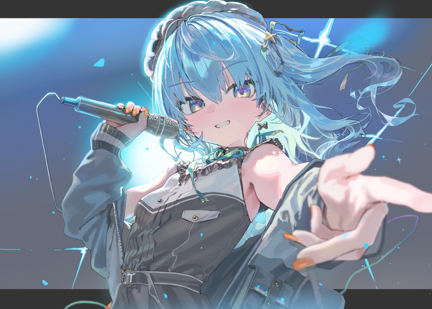 aliasing, blue_eyes, blue_hair, bow, close, dress, hat, hololive