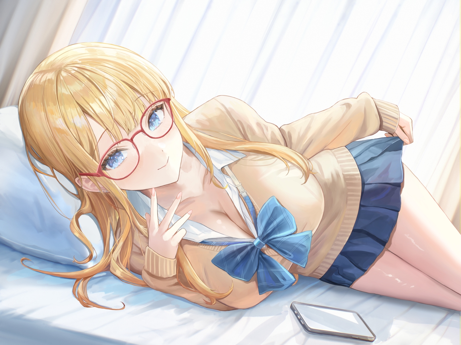 bed, blonde_hair, blue_eyes, bow, breasts, cleavage, glasses, long_hair