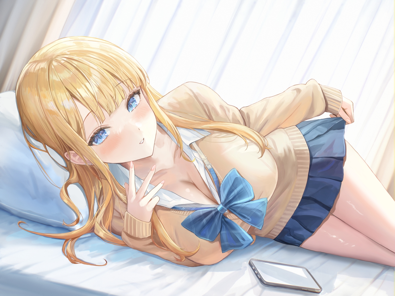 bed, blonde_hair, blue_eyes, bow, breasts, cleavage, long_hair, original