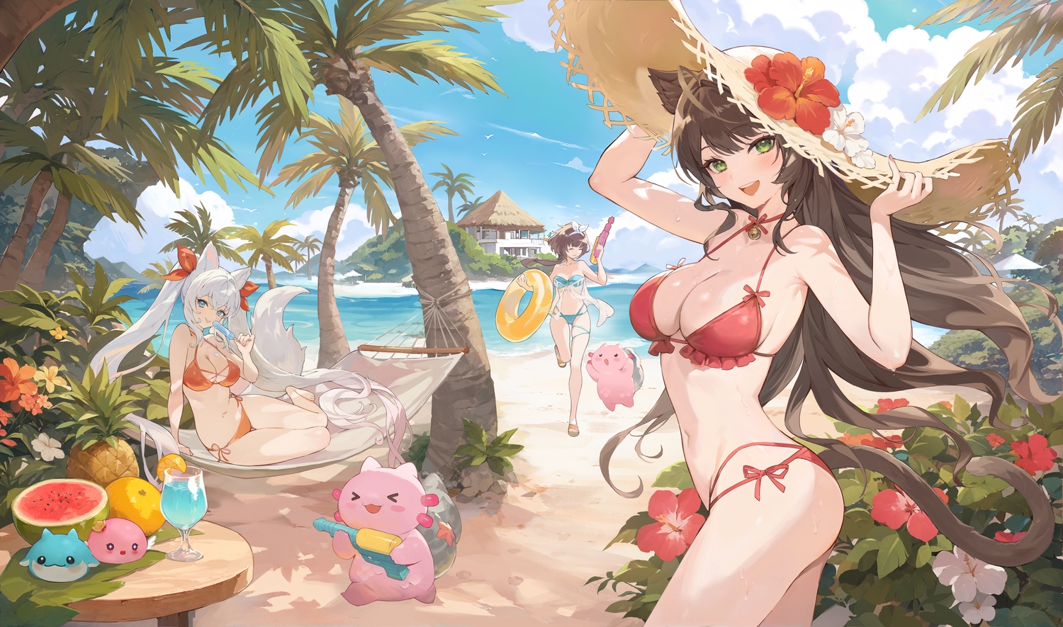 beach, bikini, blue_eyes, blush, breasts, brown_hair, catgirl, clouds