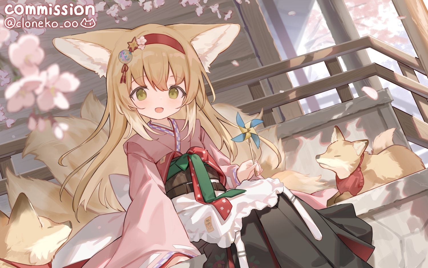 animal, animal_ears, apron, arknights, blonde_hair, building, cherry_blossoms, cloneko_(zelmeledf2)