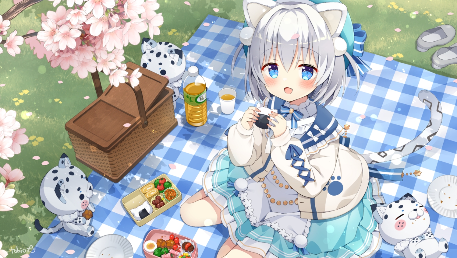 blue_eyes, blush, bow, catgirl, cat_smile, cherry_blossoms, dress, drink
