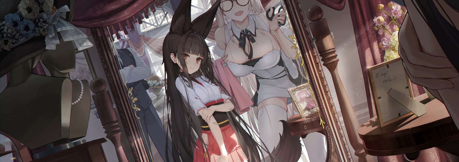 2girls, animal_ears, anthropomorphism, azur_lane, breasts, brown_hair, cleavage, commander_(azur_lane)