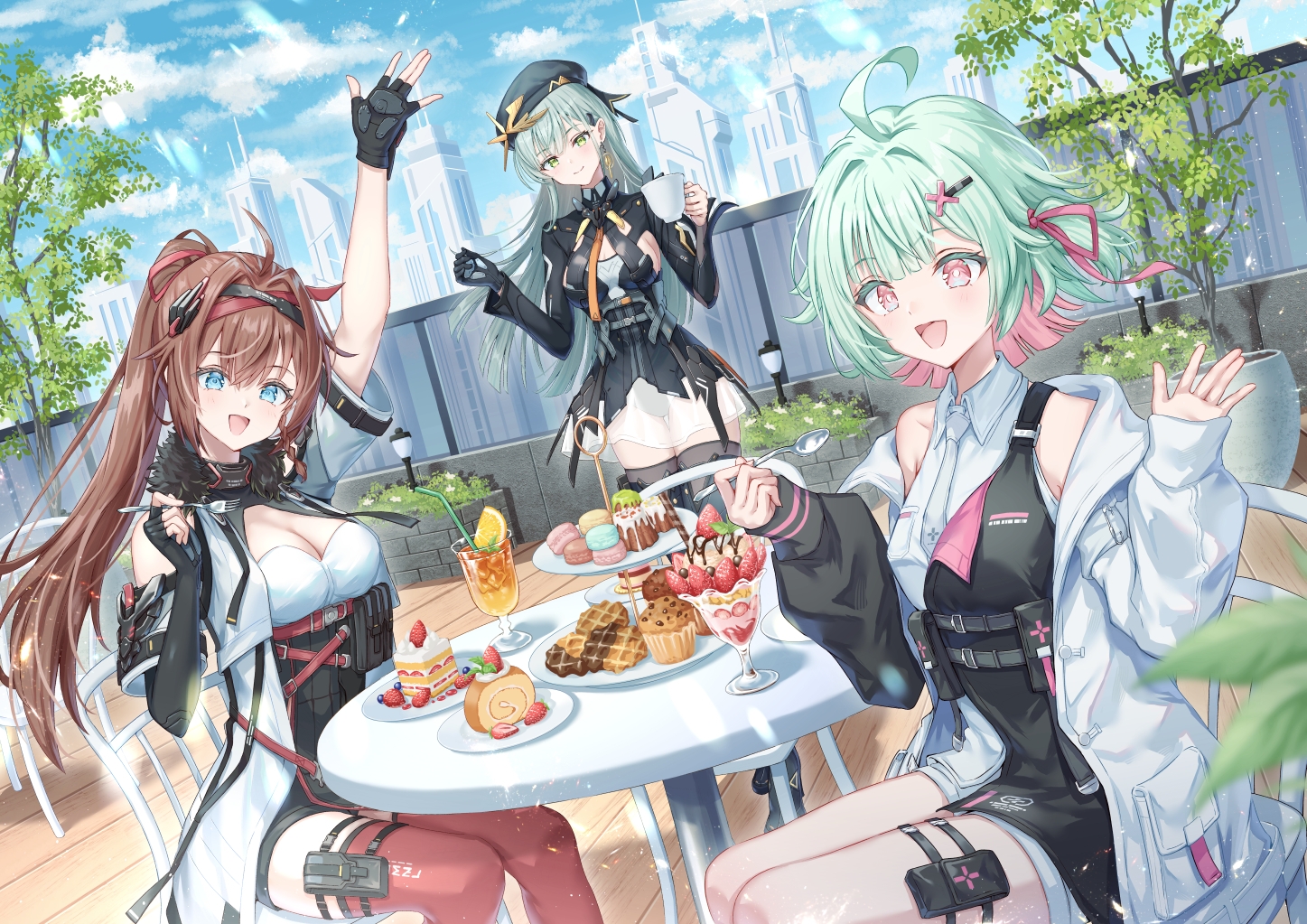 aether_gazer, aqua_hair, blue_eyes, breasts, brown_hair, building, cake, city