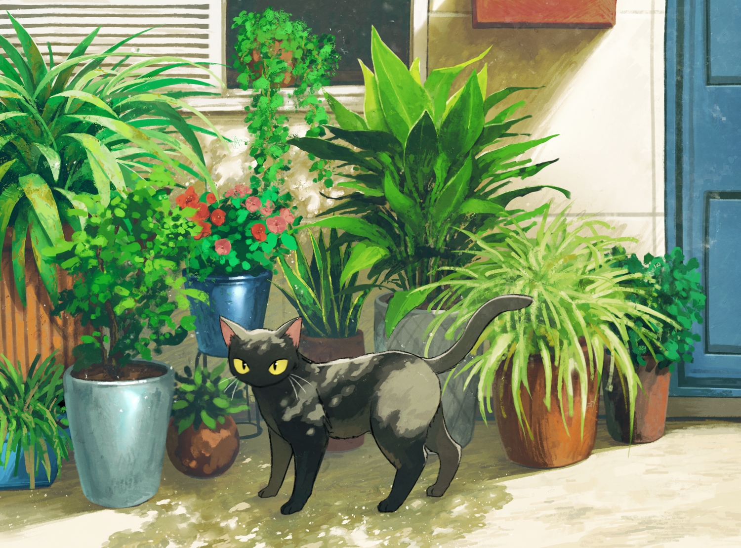 animal, building, cat, flowers, kuchiba_(jret2454), leaves, no_humans, original, shade, yellow_eyes