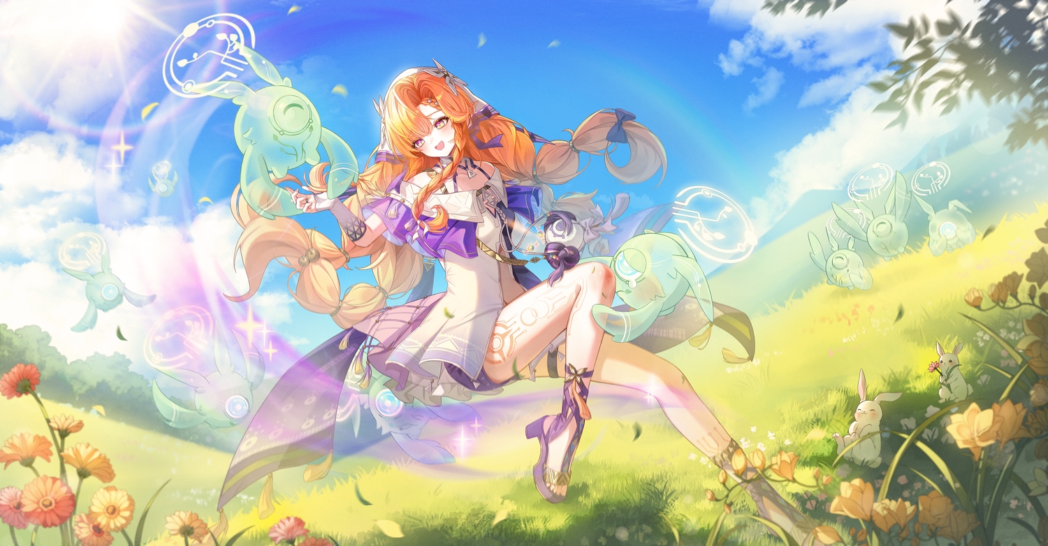 animal, blush, braids, clouds, dress, elbow_gloves, flowers, gloves, grass, headdress, long_hair, magic, maltese_(maltie00), orange_hair, petals, pointed_ears, purple_eyes, rabbit, shorts, sigrika_(wuthering_waves), sky, wuthering_waves