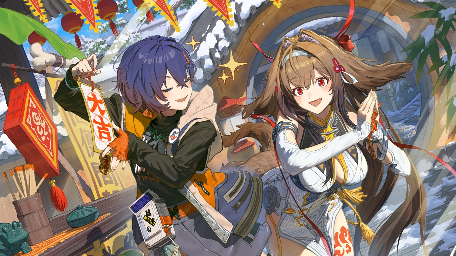2girls, 3d, animal_ears, belle_(zenless_zone_zero), blue_hair, blush, breasts, brown_hair, cleavage, foxgirl, gloves, headband, hood, kajatony, long_hair, red_eyes, short_hair, shrine, stairs, winter, ye_shunguang, zenless_zone_zero