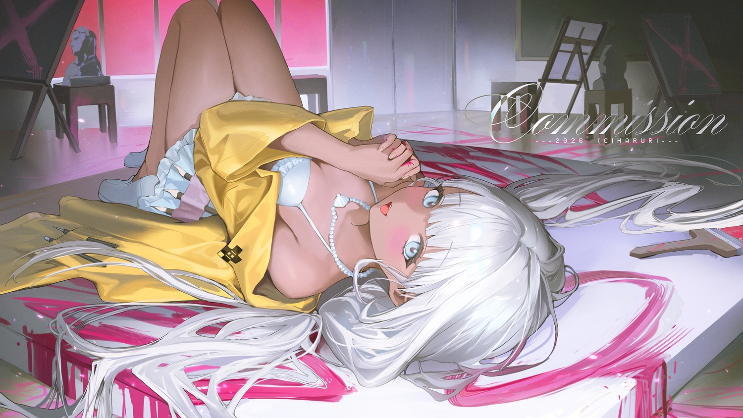 bikini_top, breasts, cleavage, dangan-ronpa, dark_skin, gray_eyes, gray_hair, haruri, long_hair, necklace, new_dangan-ronpa_v3, skirt, watermark, yonaga_angie