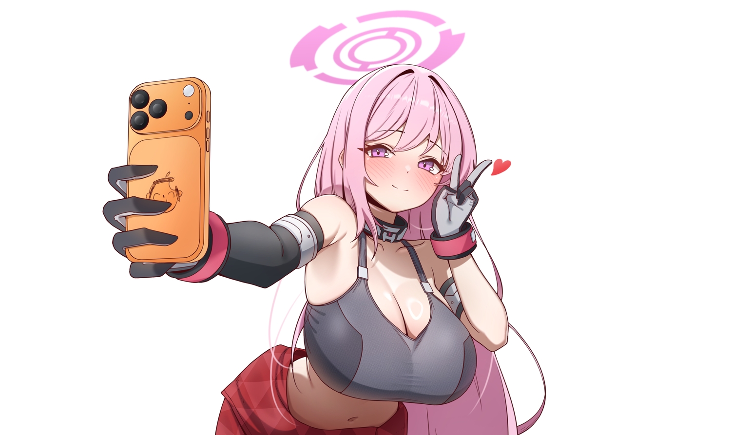 blue_archive, blush, breasts, camera, cleavage, collar, elbow_gloves, gloves, habomu_narim, halo, heart, izumimoto_eimi, long_hair, navel, phone, pink_hair, purple_eyes, sports_bra, third-party_edit, white, wristwear