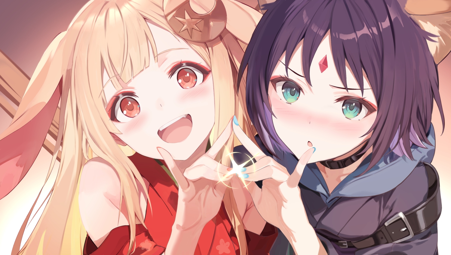 2girls, animal_ears, black_hair, blonde_hair, blush, bunny_ears, bunnygirl, cho_kaguya-hime!, close, collar, fang, foxgirl, green_eyes, hood, japanese_clothes, kaguya_(cho_kaguya-hime!), long_hair, red_eyes, sakayori_iroha, short_hair, yakkom