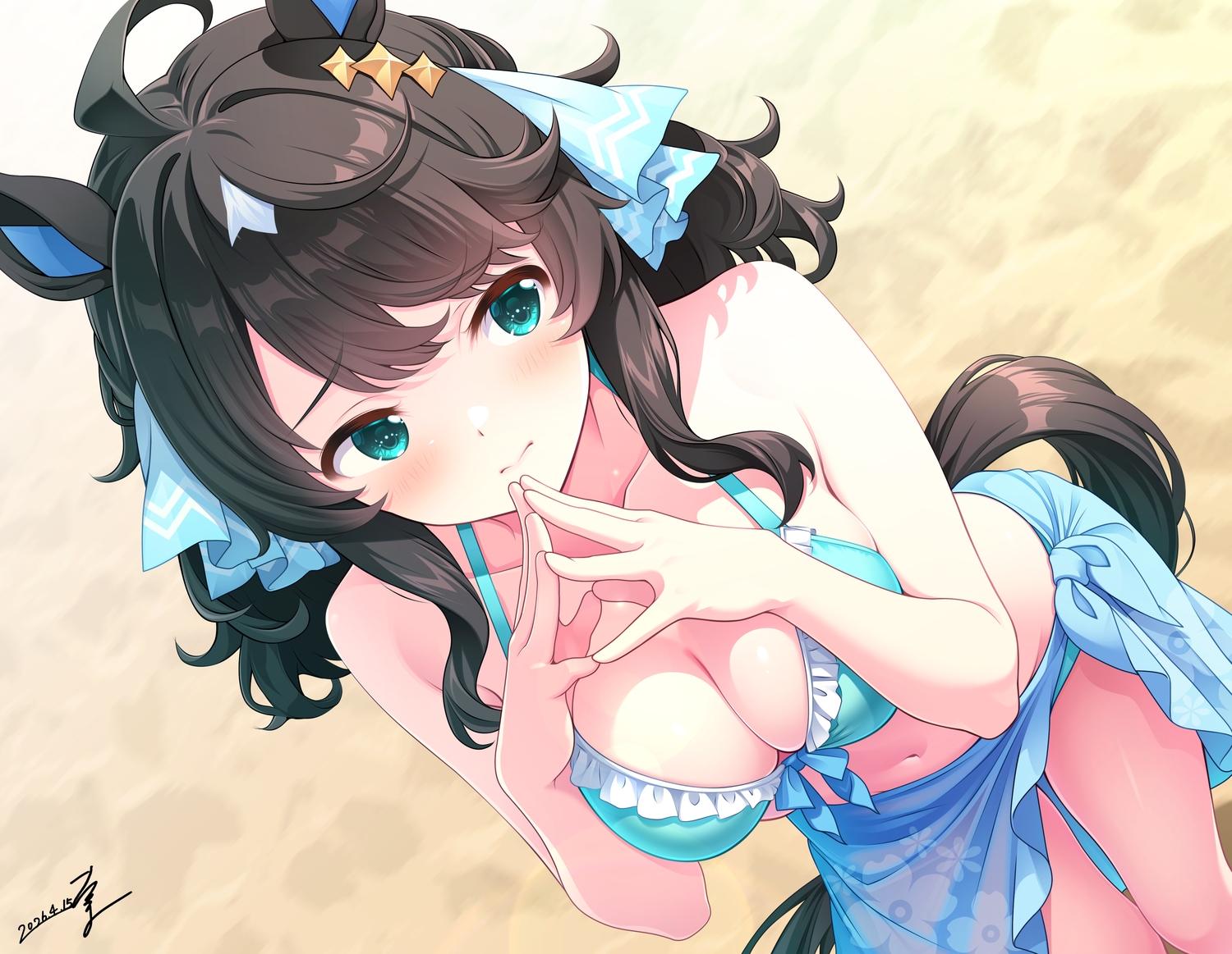 animal_ears, anthropomorphism, aqua_eyes, bikini, blush, breasts, brown_hair, cleavage, daring_tact_(umamusume), long_hair, navel, signed, swimsuit, tail, takuma, takuma_(takumo7121), uma_musume:_pretty_derby