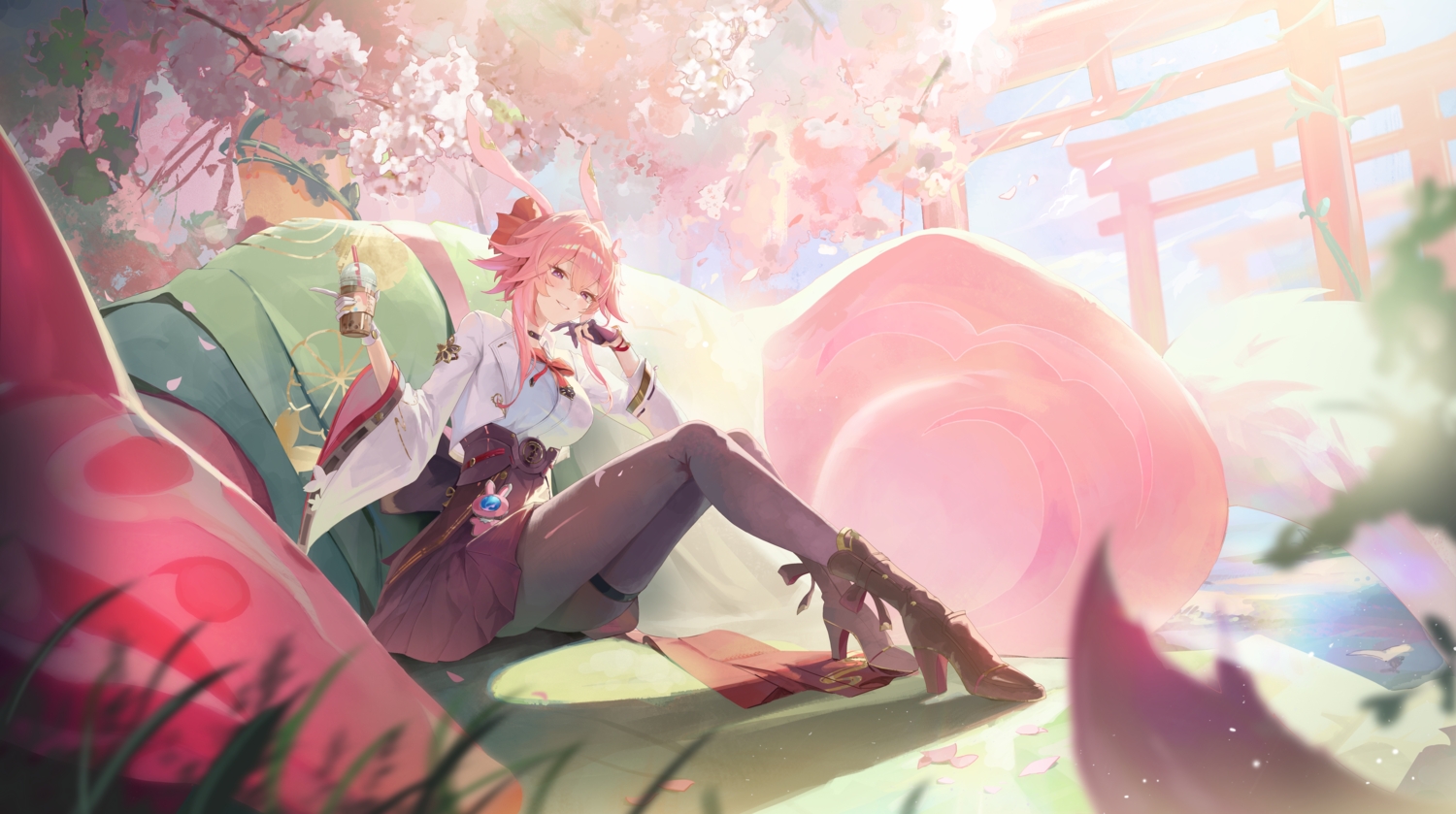 animal_ears, boots, bunny_ears, bunnygirl, cherry_blossoms, chowol, clouds, corset