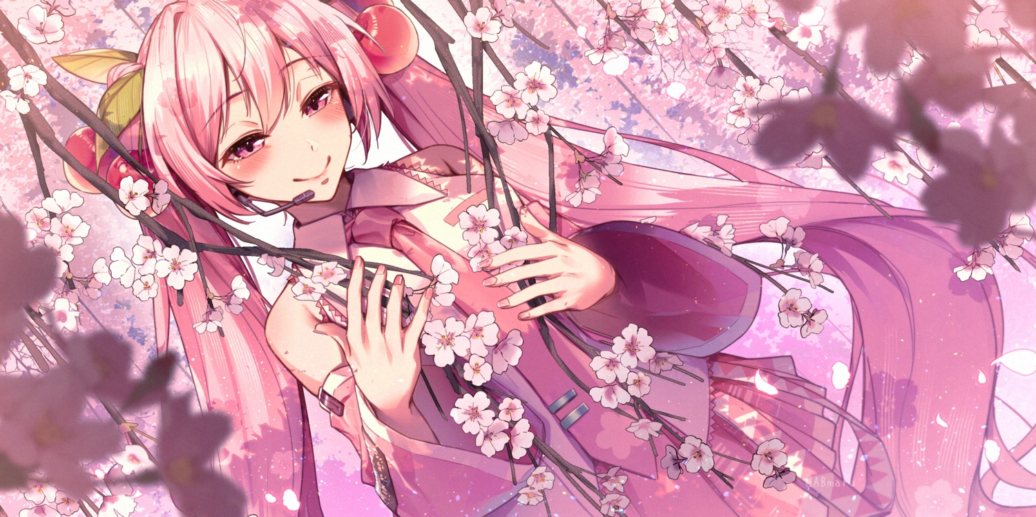 blush, cherry, cherry_blossoms, close, flowers, food, fruit, hatsune_miku