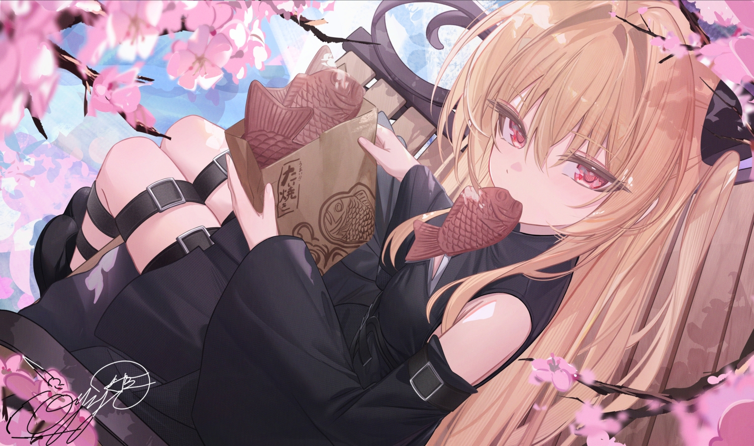 blonde_hair, blush, flowers, food, garter, golden_darkness, long_hair, oyaji_hime