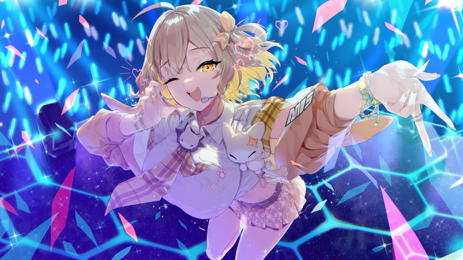 anis_(nikke), bow, breasts, brown_hair, doll, goddess_of_victory:_nikke, microphone, ohland