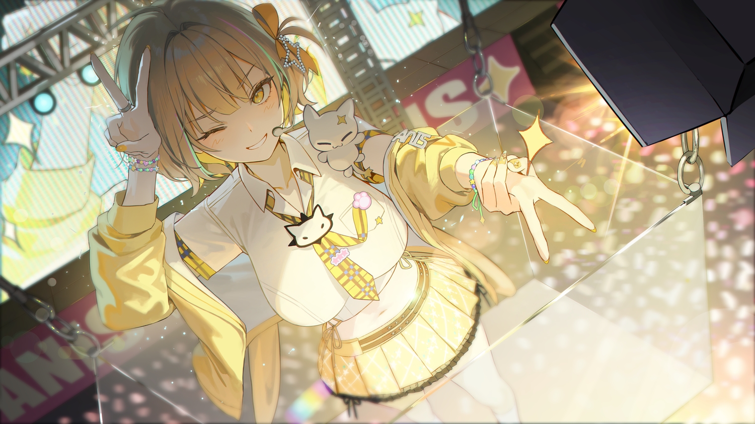 anis_(nikke), blush, bow, brown_hair, doll, goddess_of_victory:_nikke, microphone, myabit, navel, school_uniform, short_hair, skirt, tie, wink, wristwear, yellow_eyes