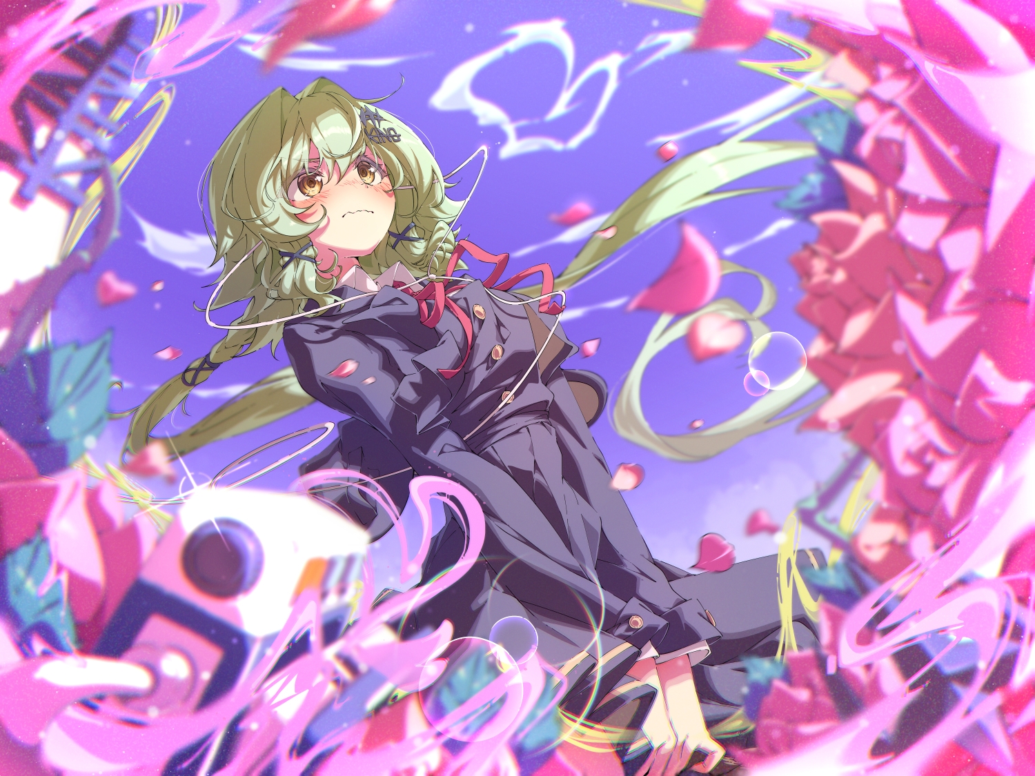 aliasing, ama_rei, blush, braids, brown_eyes, caesar_king_(zenless_zone_zero), clouds, flowers