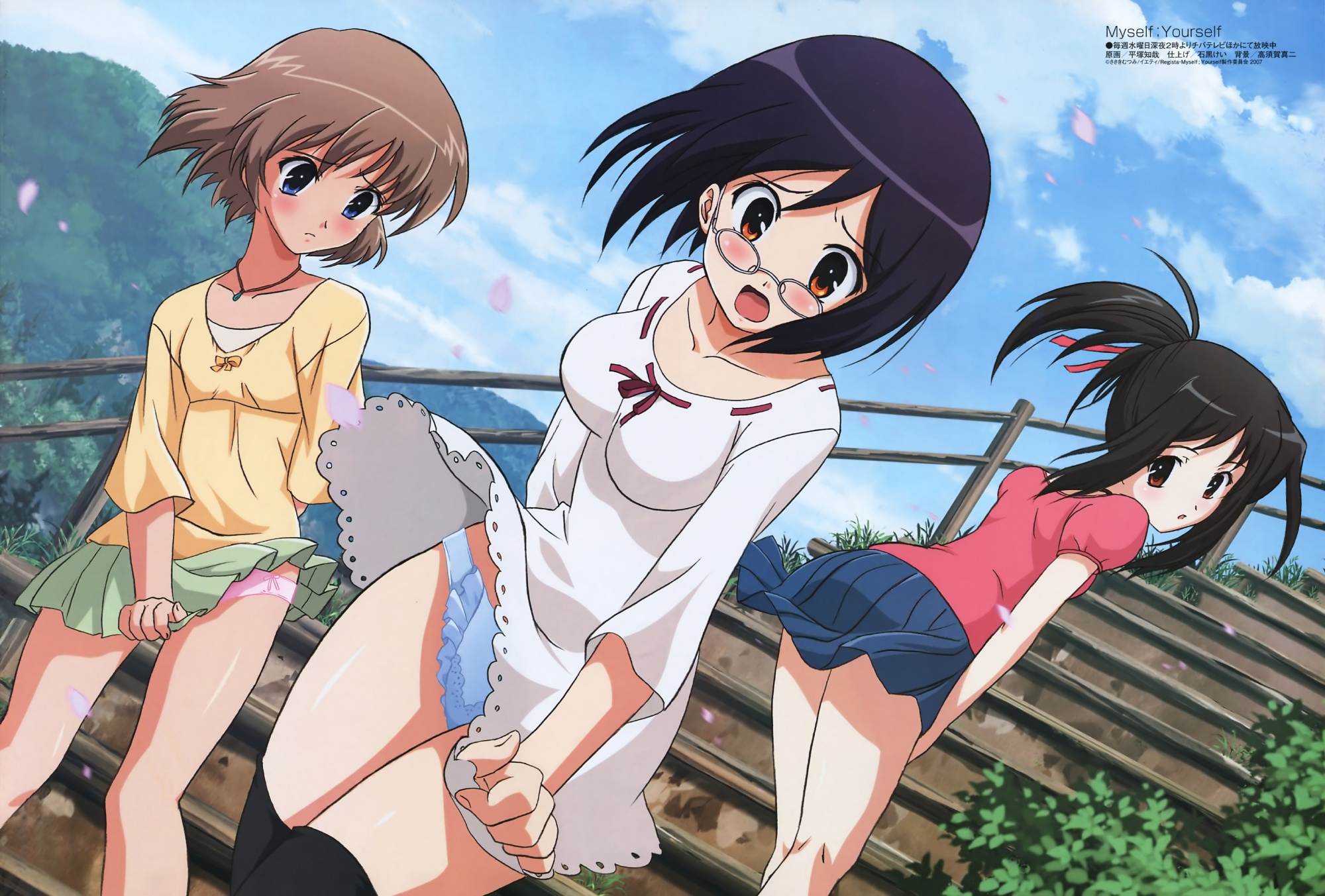 blush, glasses, myself_yourself, panties, skirt, skirt_lift, thighhighs, underwear