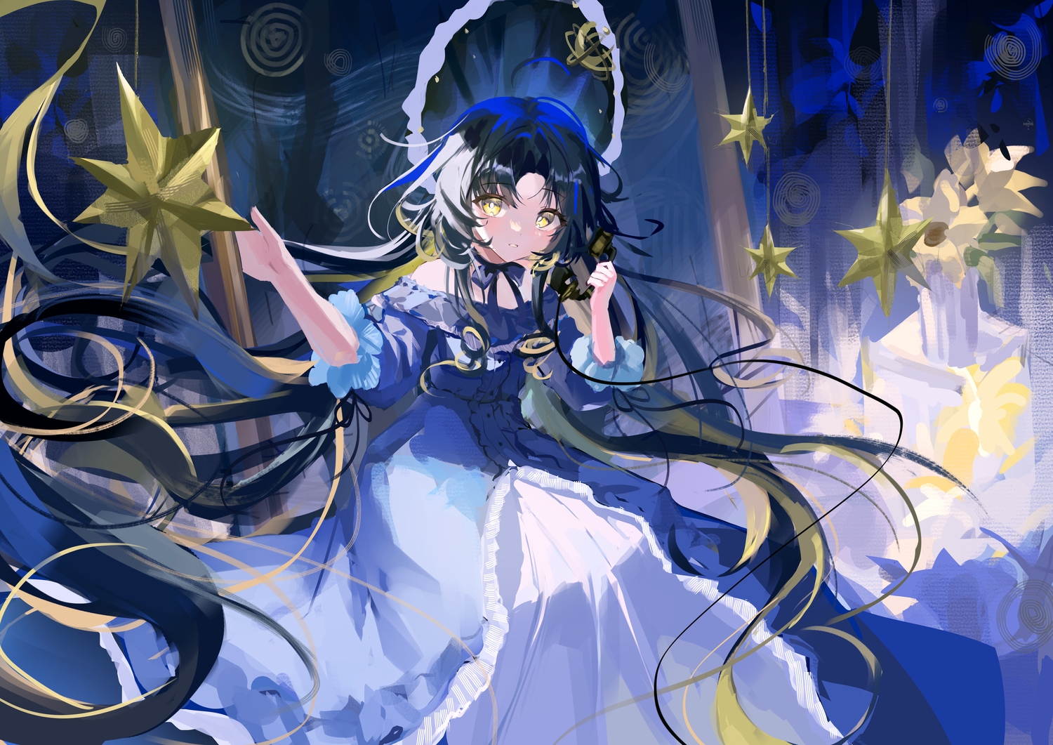 black_hair, bow, choker, dress, hat, kyo_(maae00), long_hair, neo_artifacts, sketch, tagme_(character), yellow_eyes