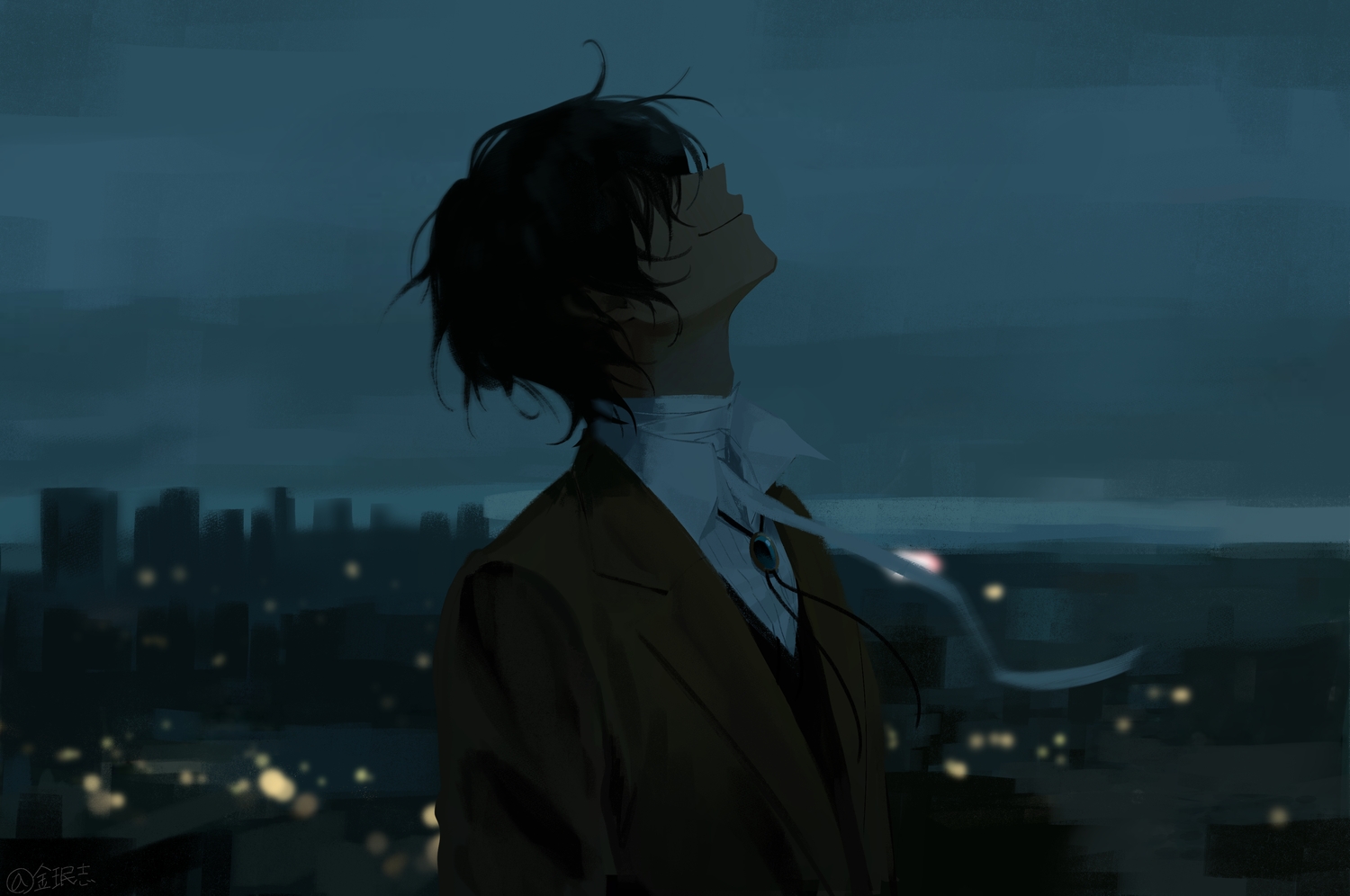all_male, black_hair, building, bungou_stray_dogs, city, close, clouds, dark