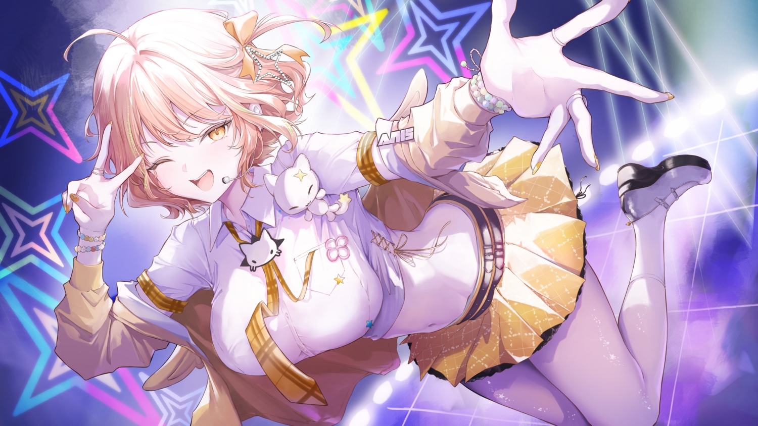 anis_(nikke), brown_hair, doll, goddess_of_victory:_nikke, kneehighs, microphone, navel, school_uniform