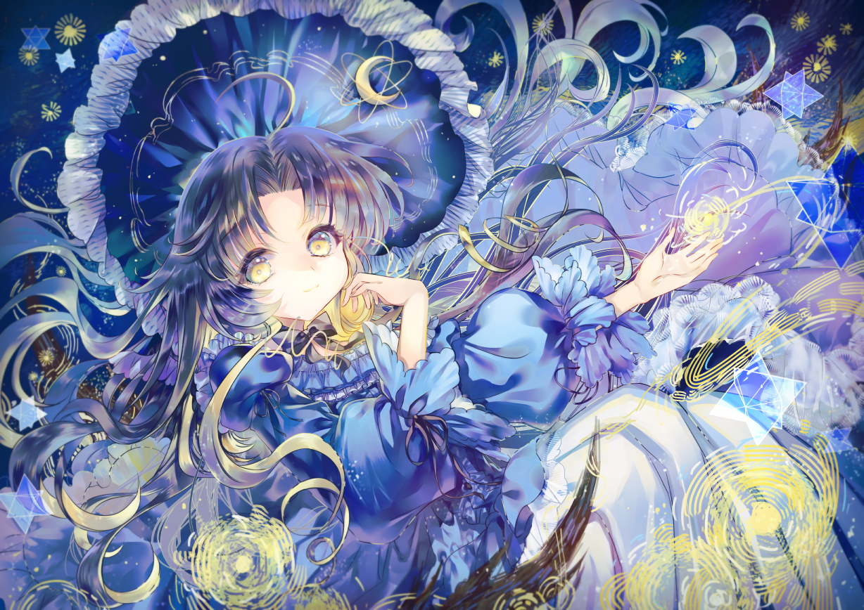 black_hair, bow, cu-rim, dress, hat, headdress, lolita_fashion, long_hair