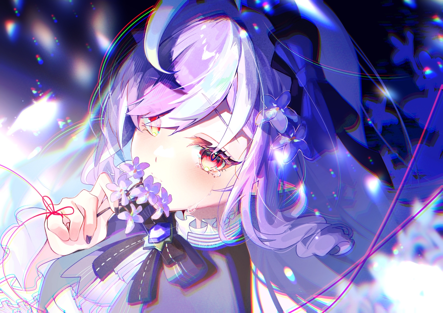 blush, close, flowers, headdress, long_hair, pointed_ears, purple_hair, red_eyes