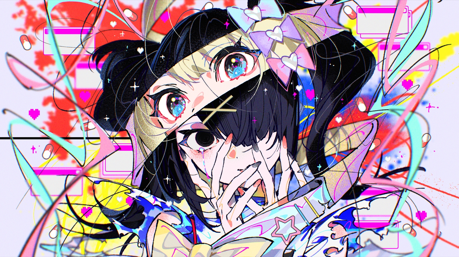 2girls, ame-chan_(needy_girl_overdose), black_eyes, black_hair, blonde_hair, blue_eyes, bow, chouzetsusaikawa_tenshi-chan