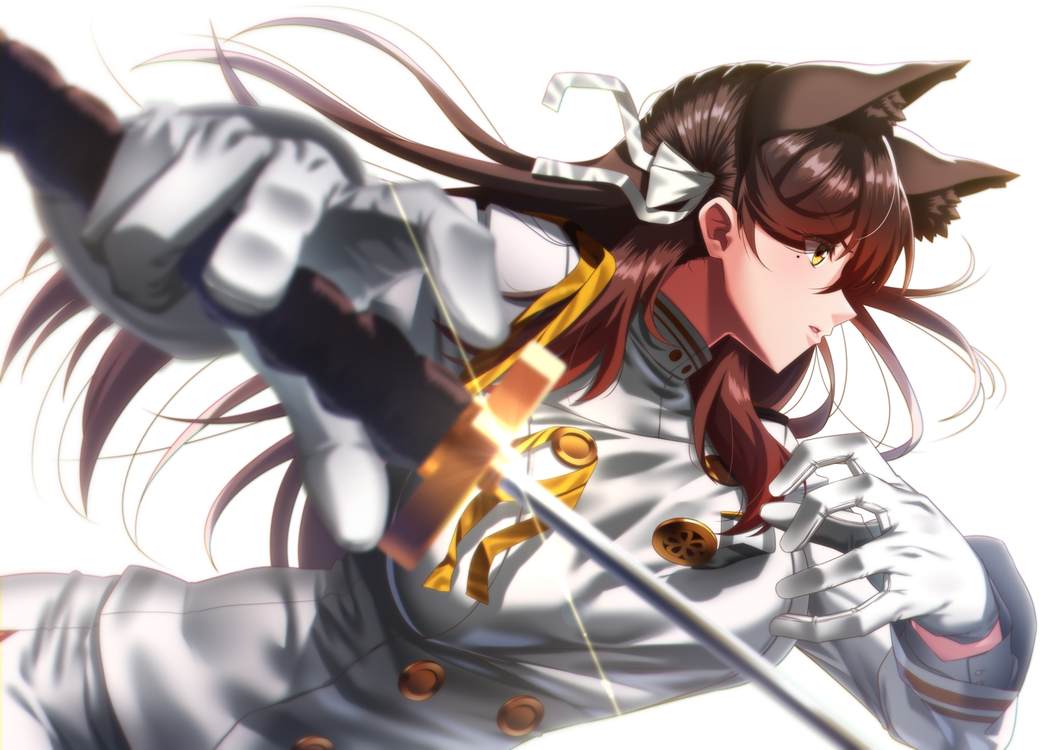 animal_ears, anthropomorphism, atago_(azur_lane), azur_lane, brown_hair, close, doggirl, gloves