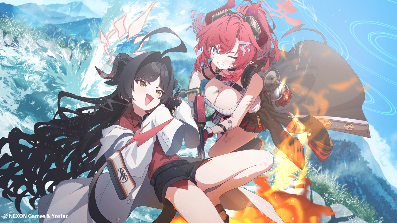 2girls, black_hair, blue_archive, breasts, brown_eyes, cat_smile, cleavage, clouds