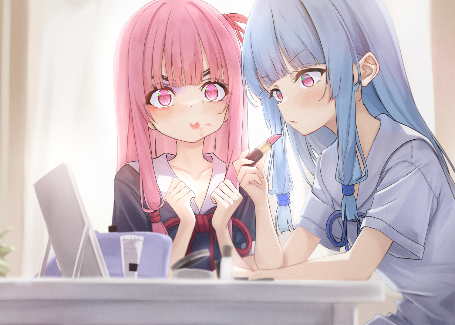 2girls, blue_hair, blush, close, haamon_(harmon), kotonoha_akane, kotonoha_aoi, long_hair, mirror, pink_eyes, pink_hair, school_uniform, shirt, twins, voiceroid