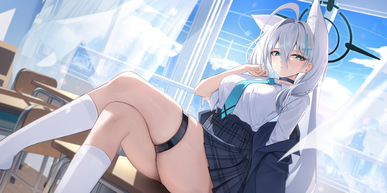 animal_ears, aqua_eyes, blue_archive, choker, clouds, garter, gray_hair, halo
