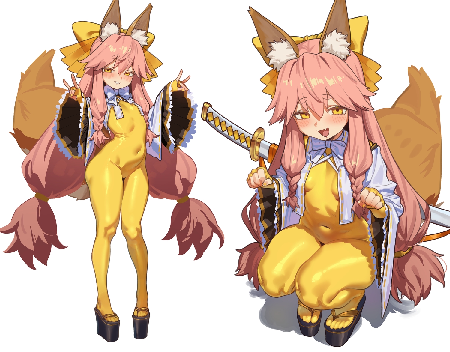 animal_ears, blush, bow, braids, ebora, fang, fate/samurai_remnant, fate_(series)