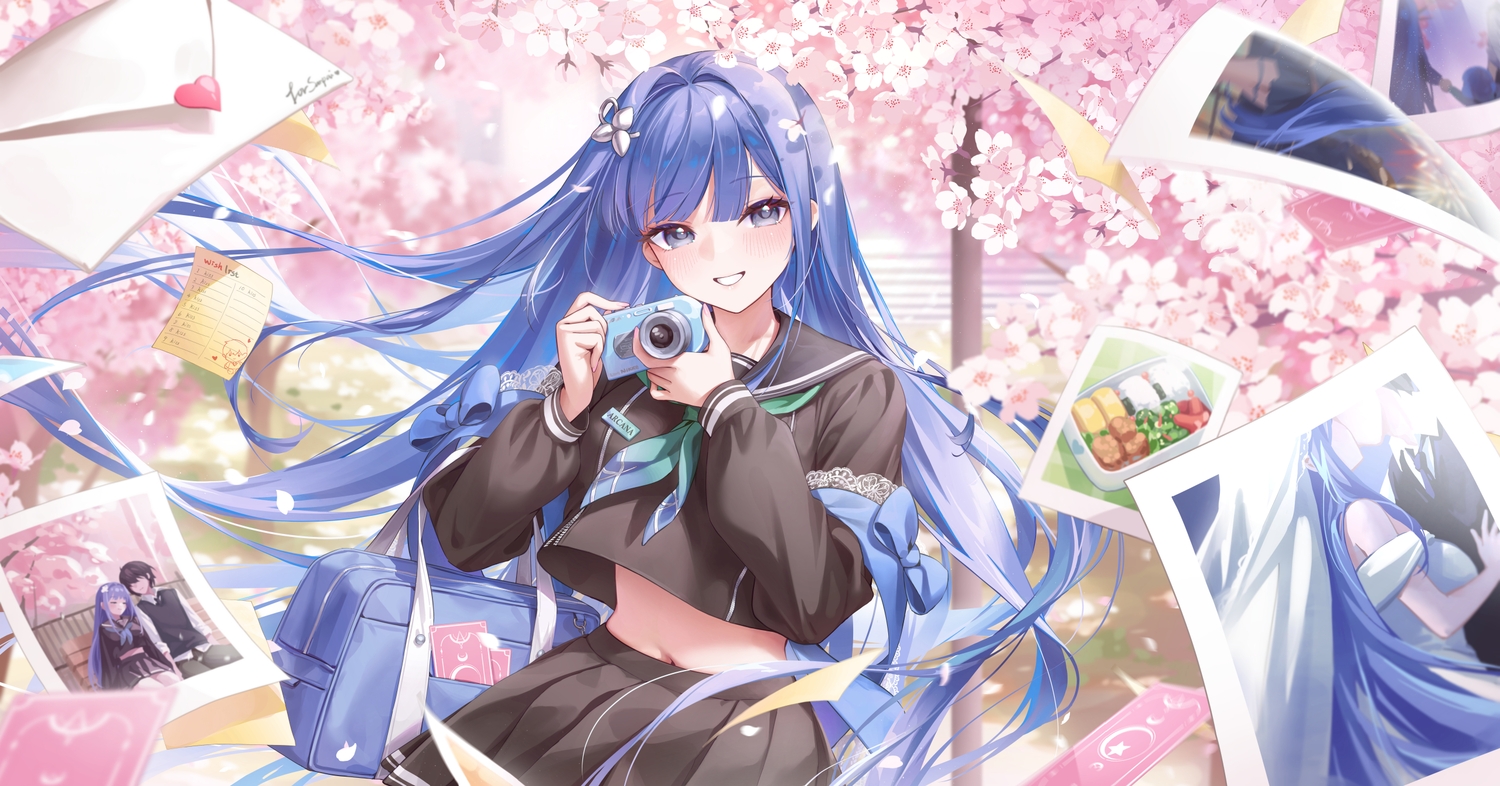 aeon_ion, arcana_(nikke), blue_hair, bow, camera, cherry_blossoms, close, commander_(nikke)