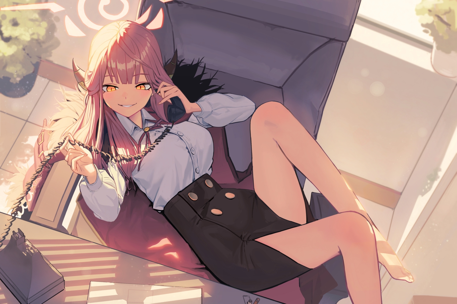 barefoot, blue_archive, halo, horns, jochal, long_hair, orange_eyes, phone, pink_hair, rikuhachima_aru, shirt, skirt