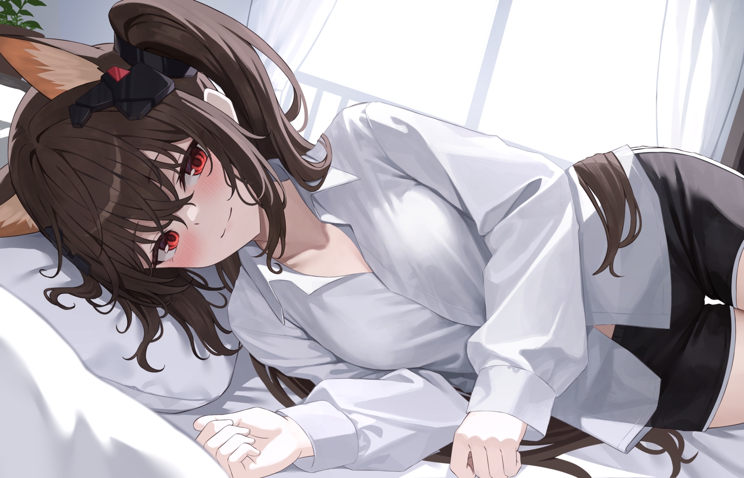 angelina_(arknights), animal_ears, arknights, arknights:_endfield, bed, blush, brown_hair, foxgirl
