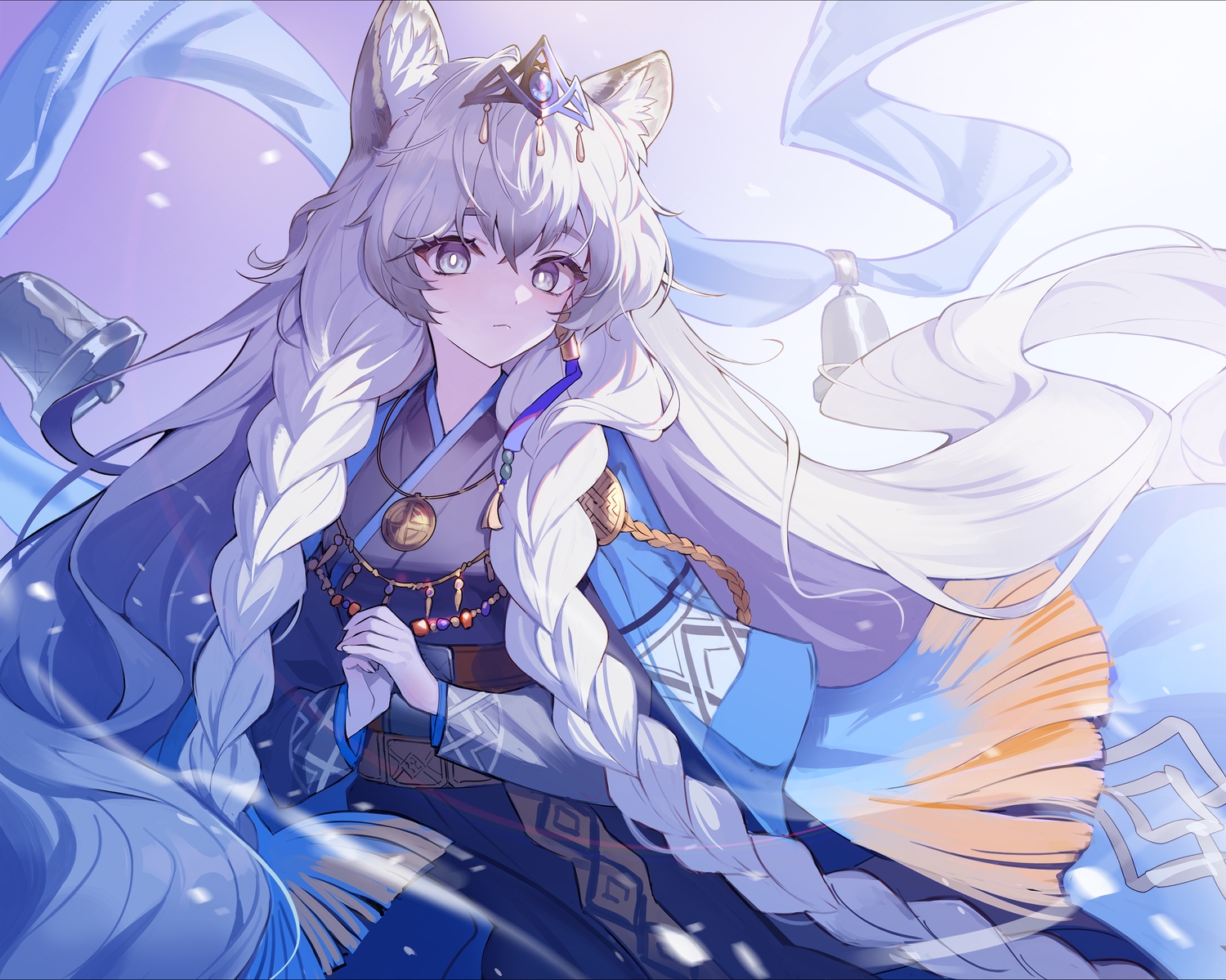 arknights, bell, braids, cape, catgirl, close, elran, gray_eyes