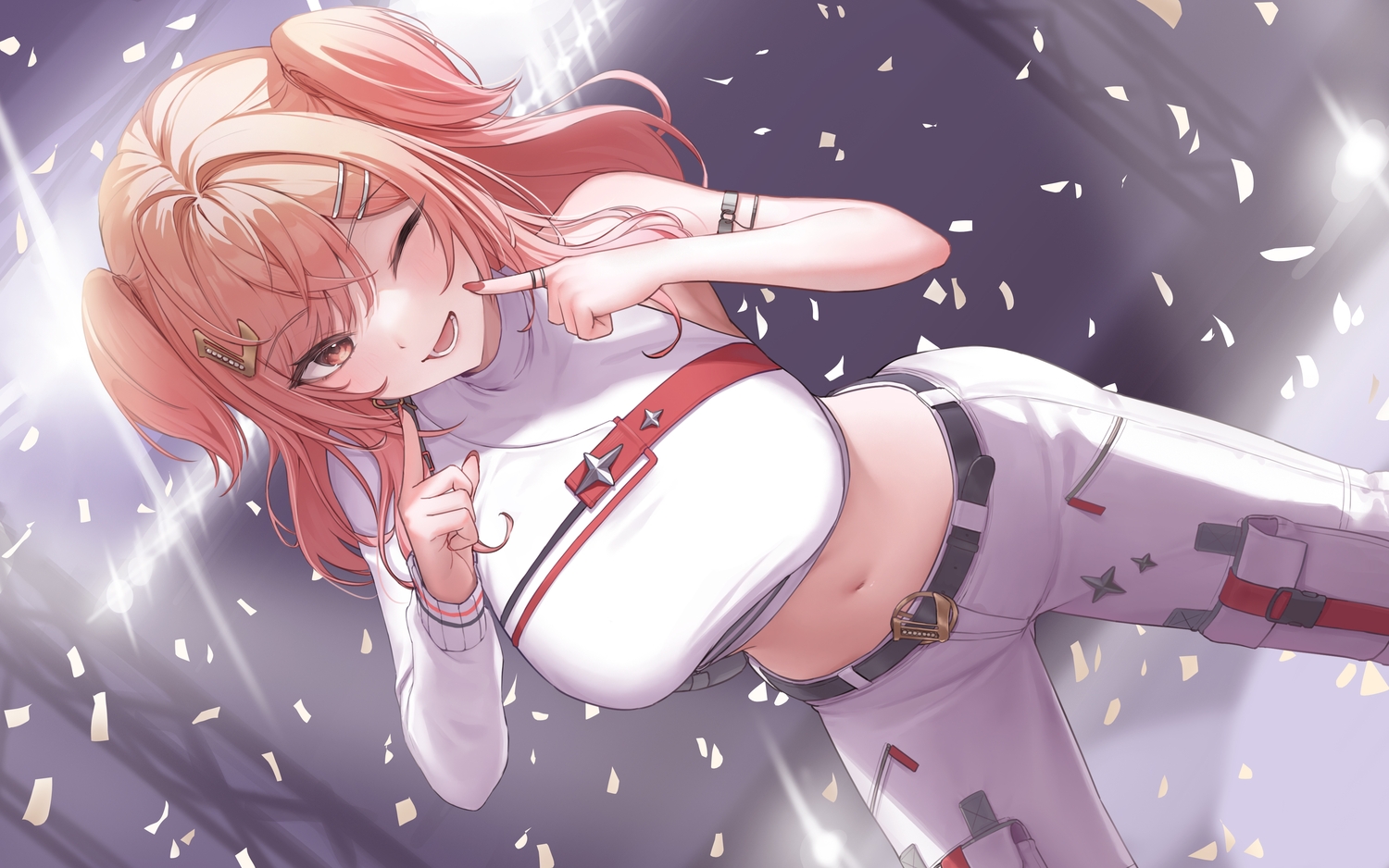 blush, hololive, ichijou_ririka, long_hair, navel, orange_eyes, orange_hair, steelball_(jwk76806995)