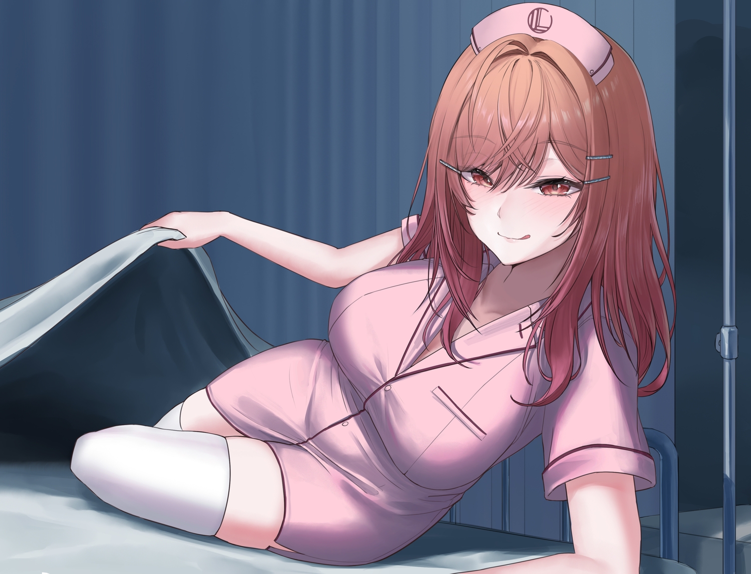 bed, blush, dress, headdress, hololive, ichijou_ririka, long_hair, nurse, orange_eyes, orange_hair, steelball_(jwk76806995), thighhighs, uniform, zettai_ryouiki