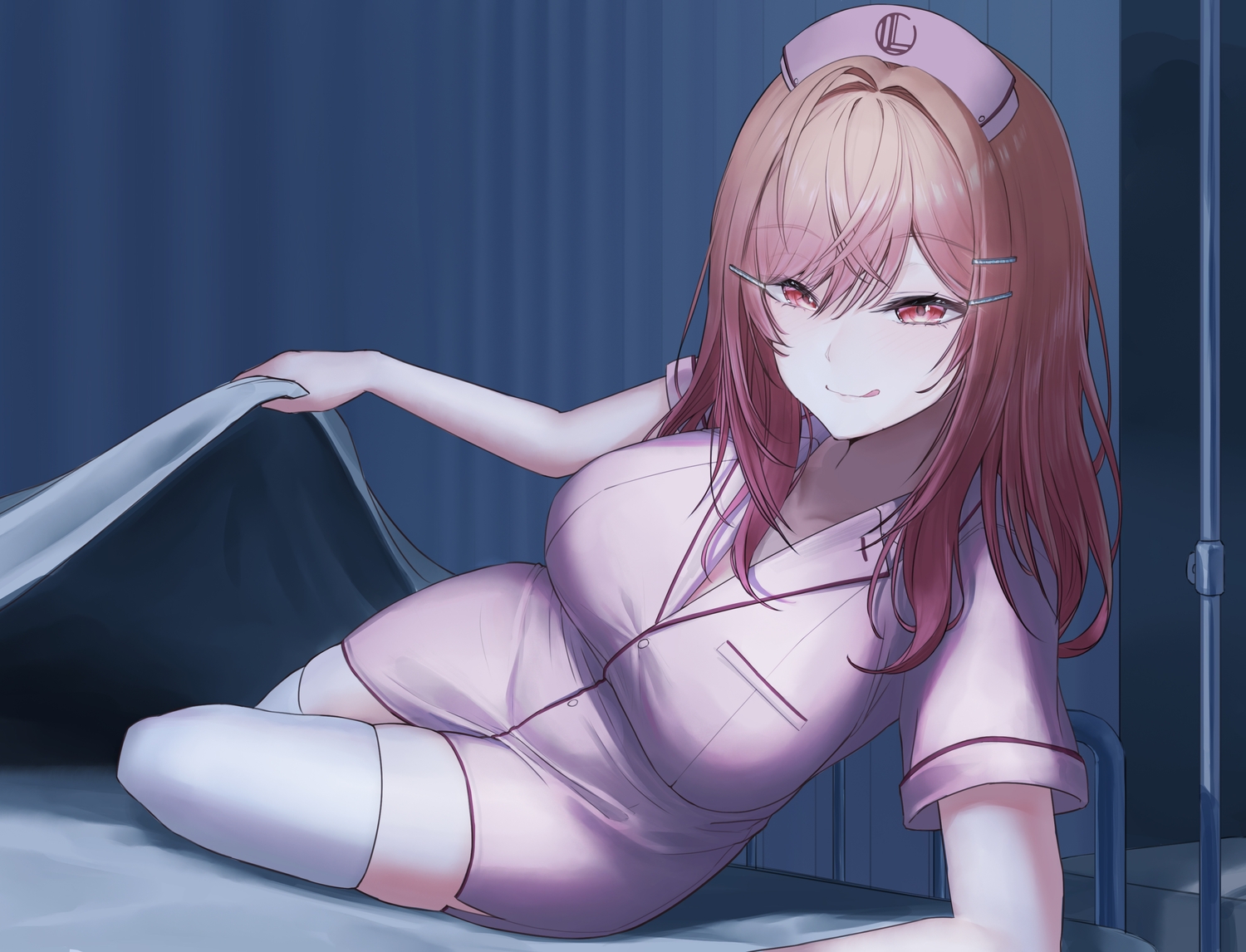 bed, blush, brown_eyes, brown_hair, dress, headdress, hololive, ichijou_ririka
