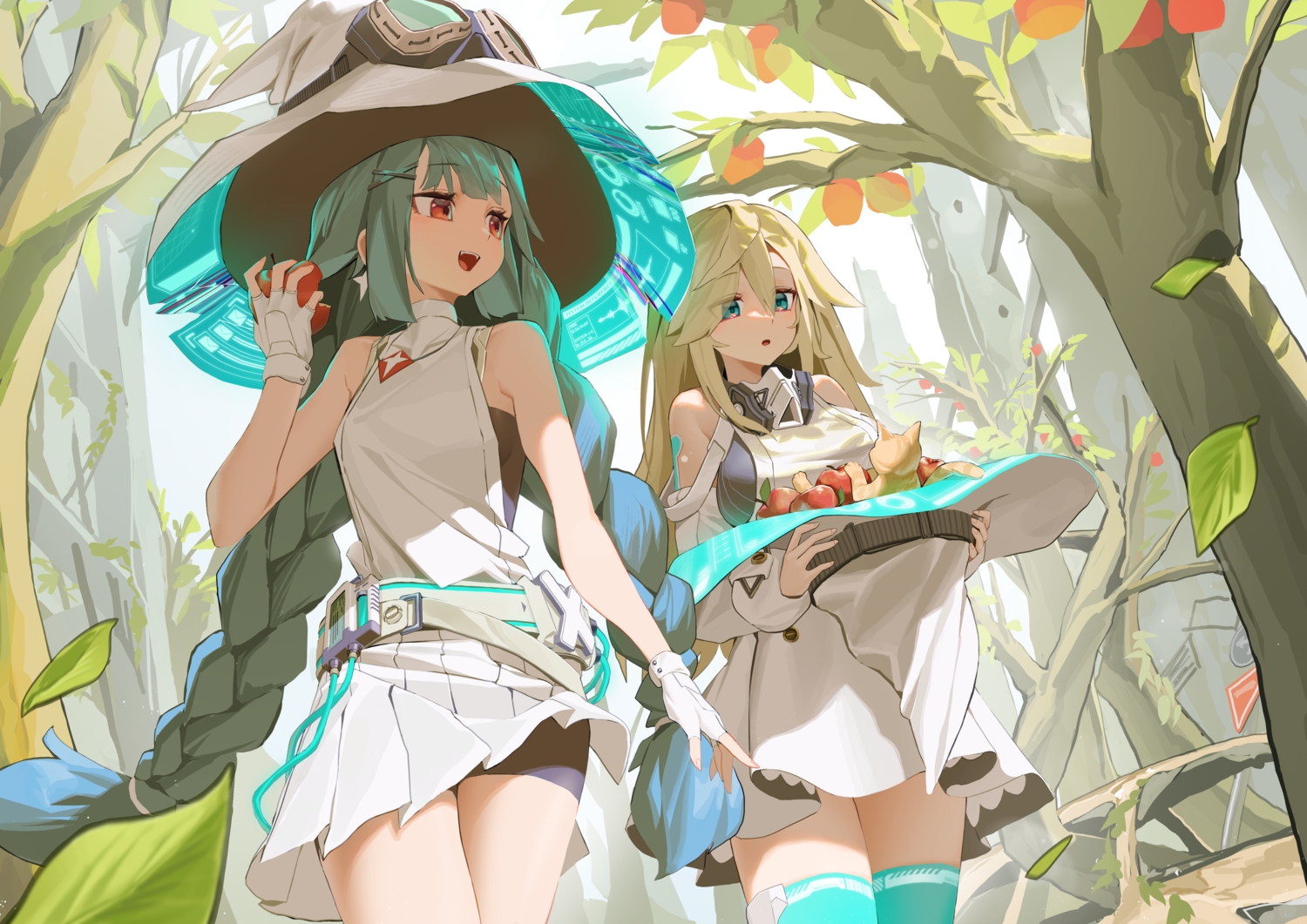 2girls, animal, apple, bike_shorts, blonde_hair, braids, cat, dress