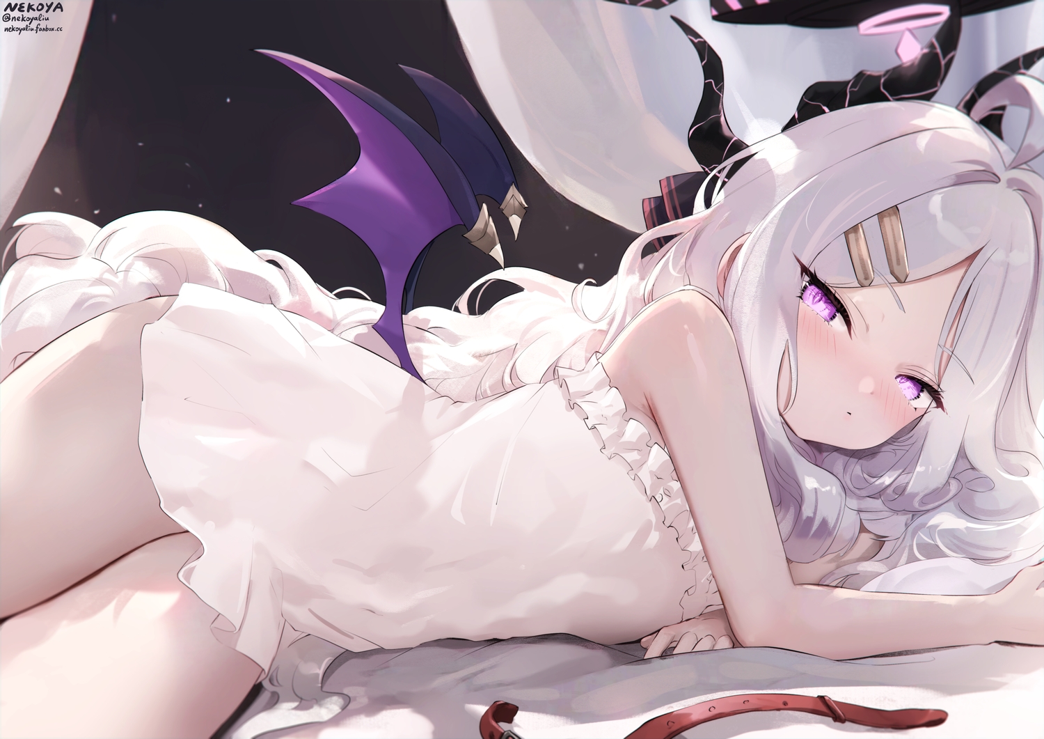 bed, blue_archive, collar, demon, dress, gray_hair, halo, horns, loli, long_hair, nekoya_(liu), purple_eyes, signed, sorasaki_hina, wings