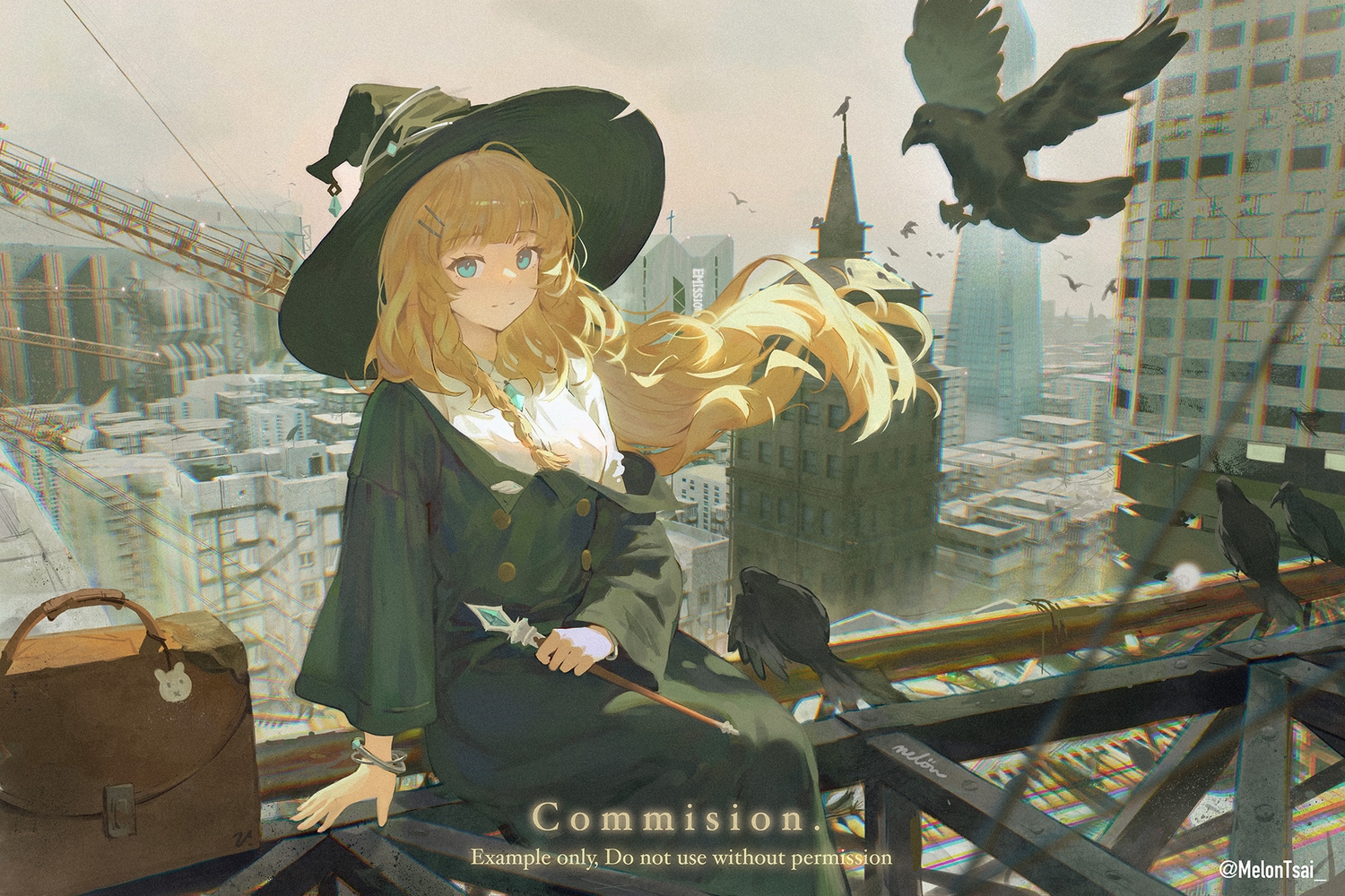 animal, bird, blonde_hair, braids, building, city, close, dress