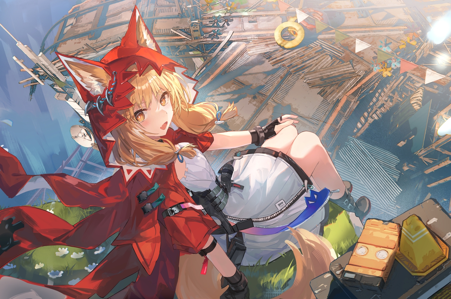 3d, animal_ears, arknights, arknights:_endfield, blonde_hair, brown_eyes, chenmu_sora, dress, fang, flowers, gloves, grass, hood, long_hair, rossi_(arknights), tail, twintails, wolfgirl