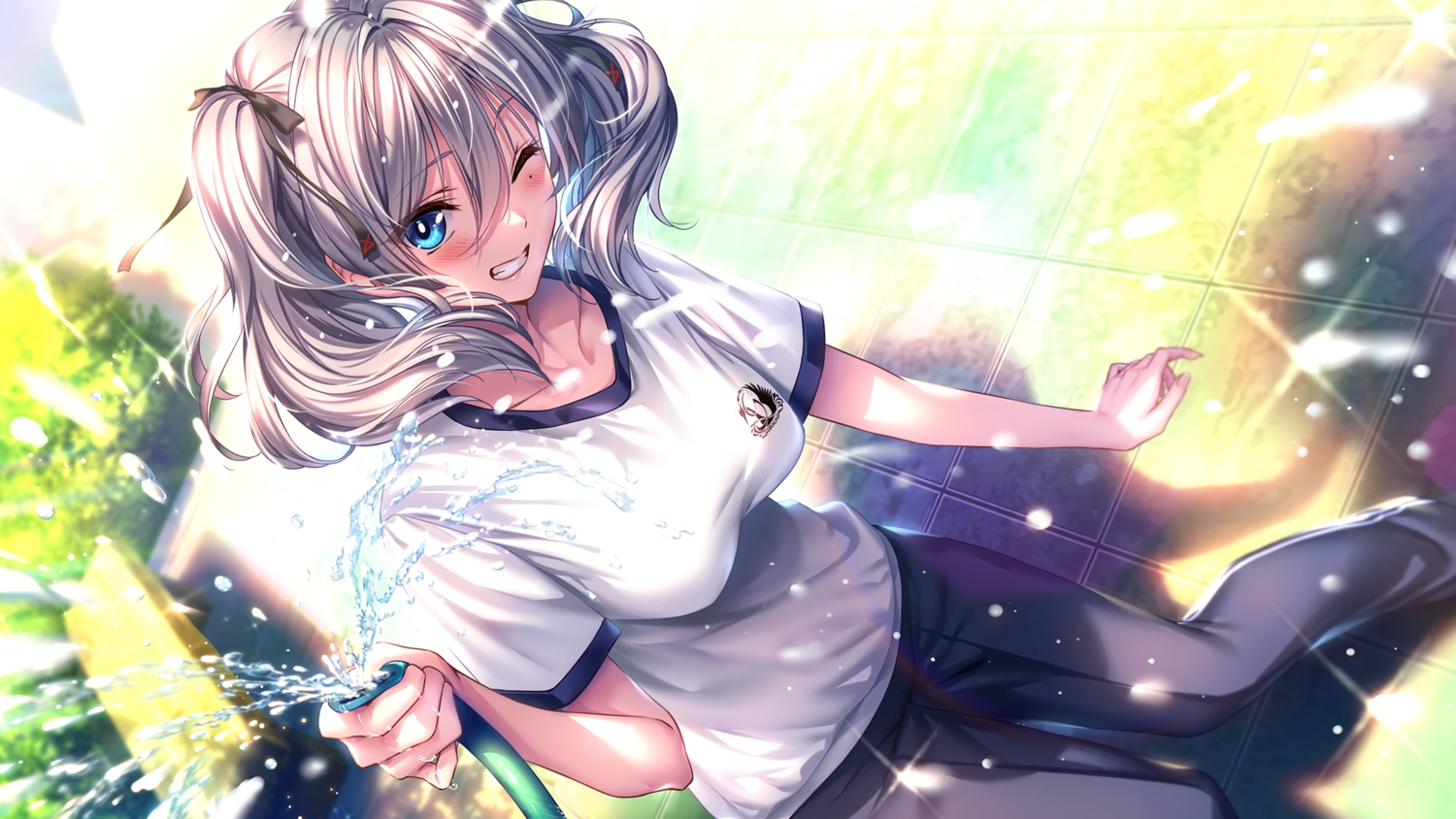 amakano_2, amakano_2+, aqua_eyes, azarashi_soft, blush, game_cg, gray_hair, gym_uniform